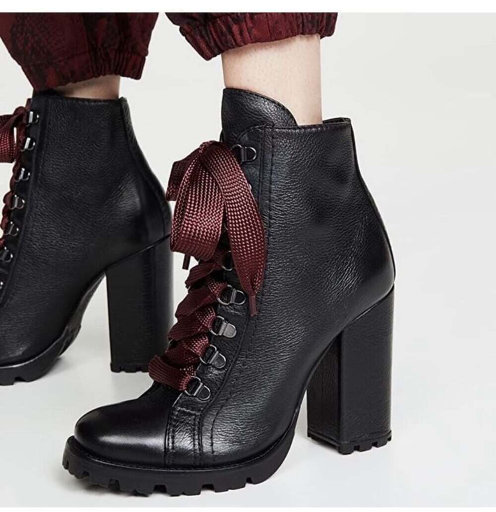 Schutz Zhara Black Leather Lug Sole Lace-Up Block Heel Booties